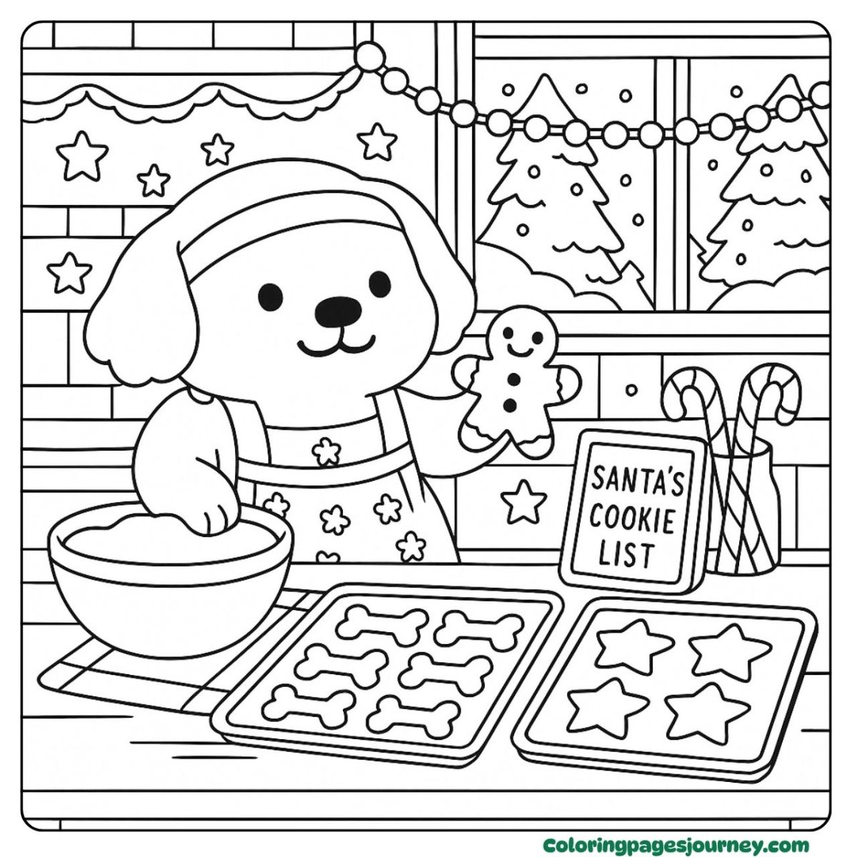 A Christmas Golden Retriever coloring page baking cookies A Christmas Golden Retriever coloring page in a kitchen scene