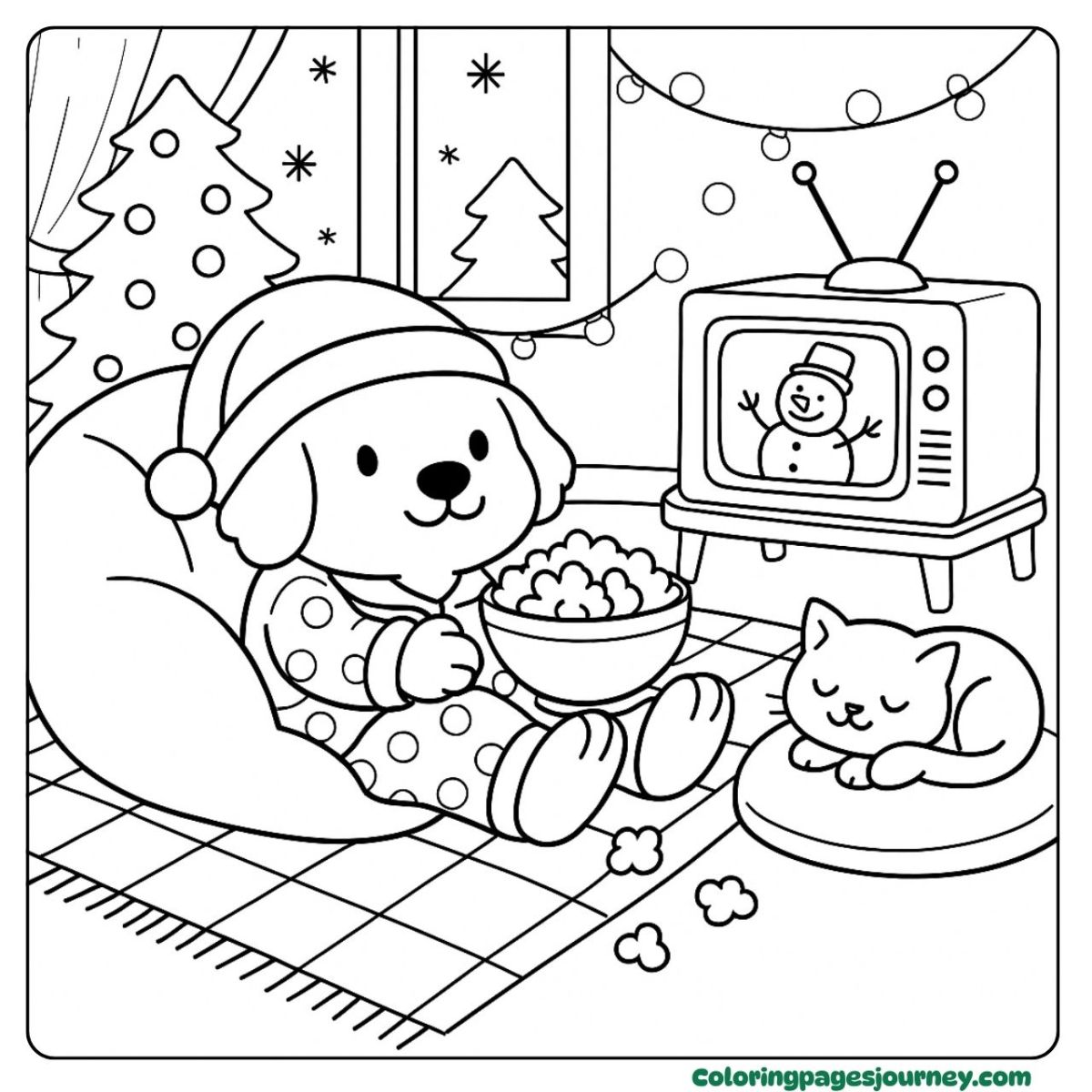 A Christmas Golden Retriever coloring page watching movies A Christmas Golden Retriever coloring page in pajamas