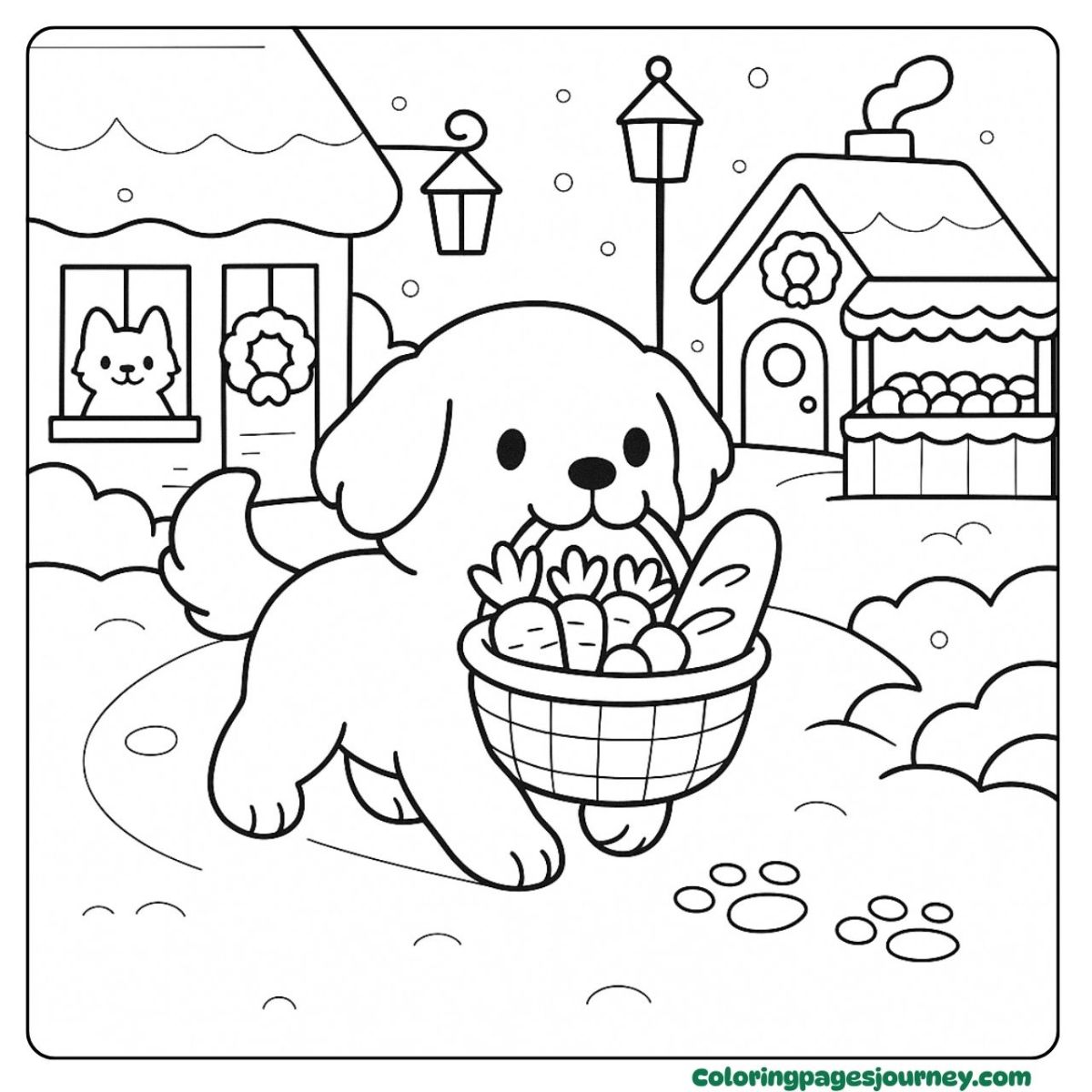 A Christmas Golden Retriever coloring page with festive shopping A Christmas Golden Retriever coloring page in snowy village