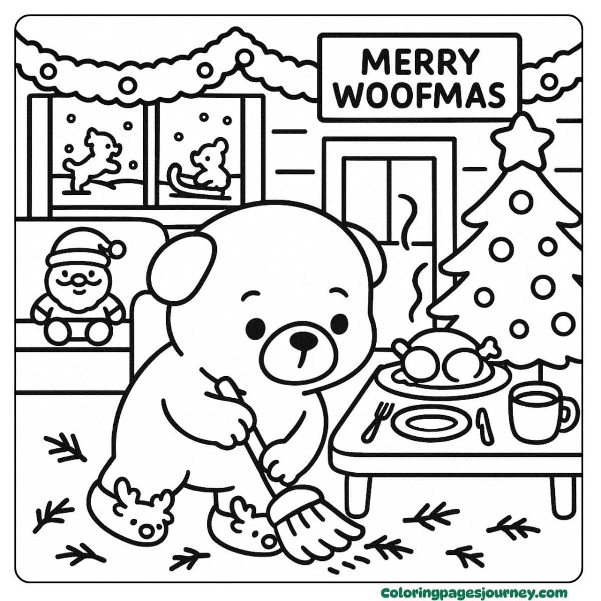 A Christmas pug coloring page decorating a cozy room A Christmas pug coloring page with a pine tree and dinner table