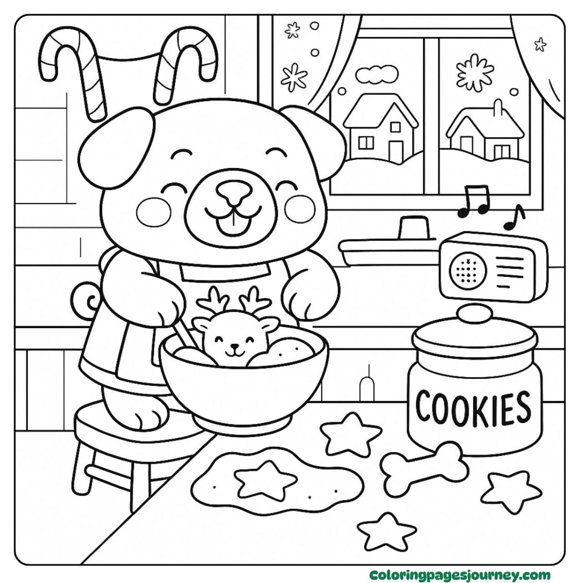 A Christmas pug coloring page making holiday cookies A Christmas pug coloring page with a baking scene
