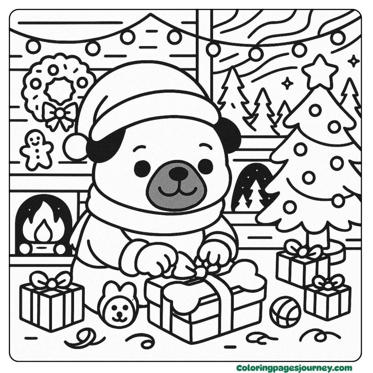 A Christmas pug coloring page sitting near gifts and a fireplace A Christmas pug coloring page with pine trees and presents