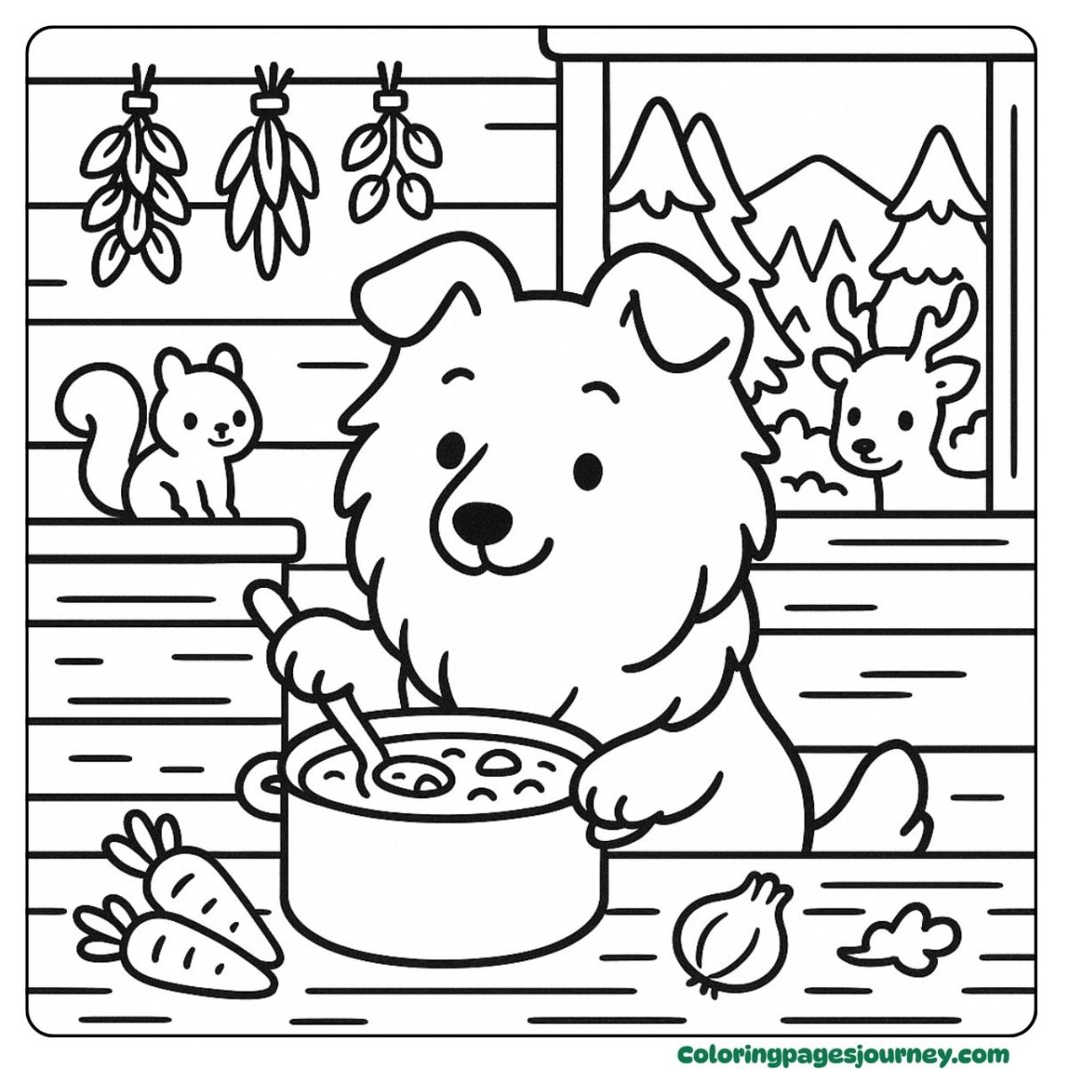 A Collie coloring page in a cozy mountain kitchen A Collie coloring page with a cabin cooking scene