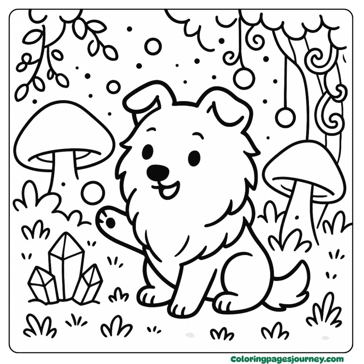 A Collie coloring page in a dreamy mushroom forest A Collie coloring page with crystals and mushrooms