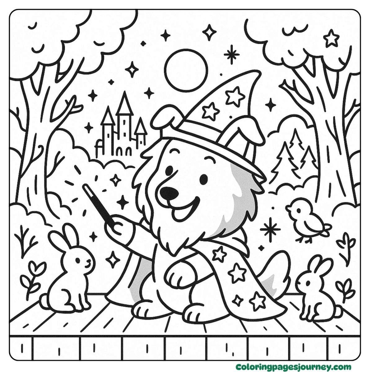 A Collie coloring page with magical forest vibes A Collie coloring page featuring a forest wizard scene