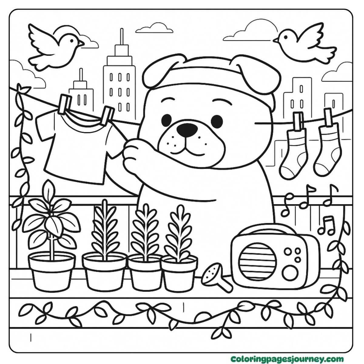 A cute Bulldog coloring page hanging laundry on a balcony A cute Bulldog coloring page with plants and music outside