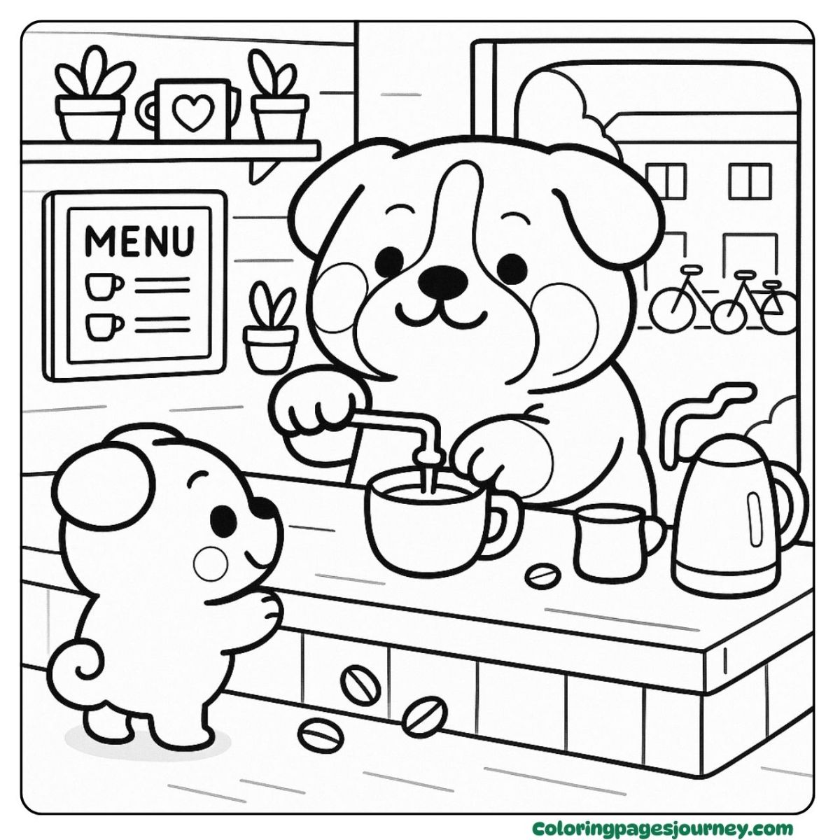 A cute Bulldog coloring page serving coffee to a pup A cute Bulldog coloring page at a friendly coffee counter