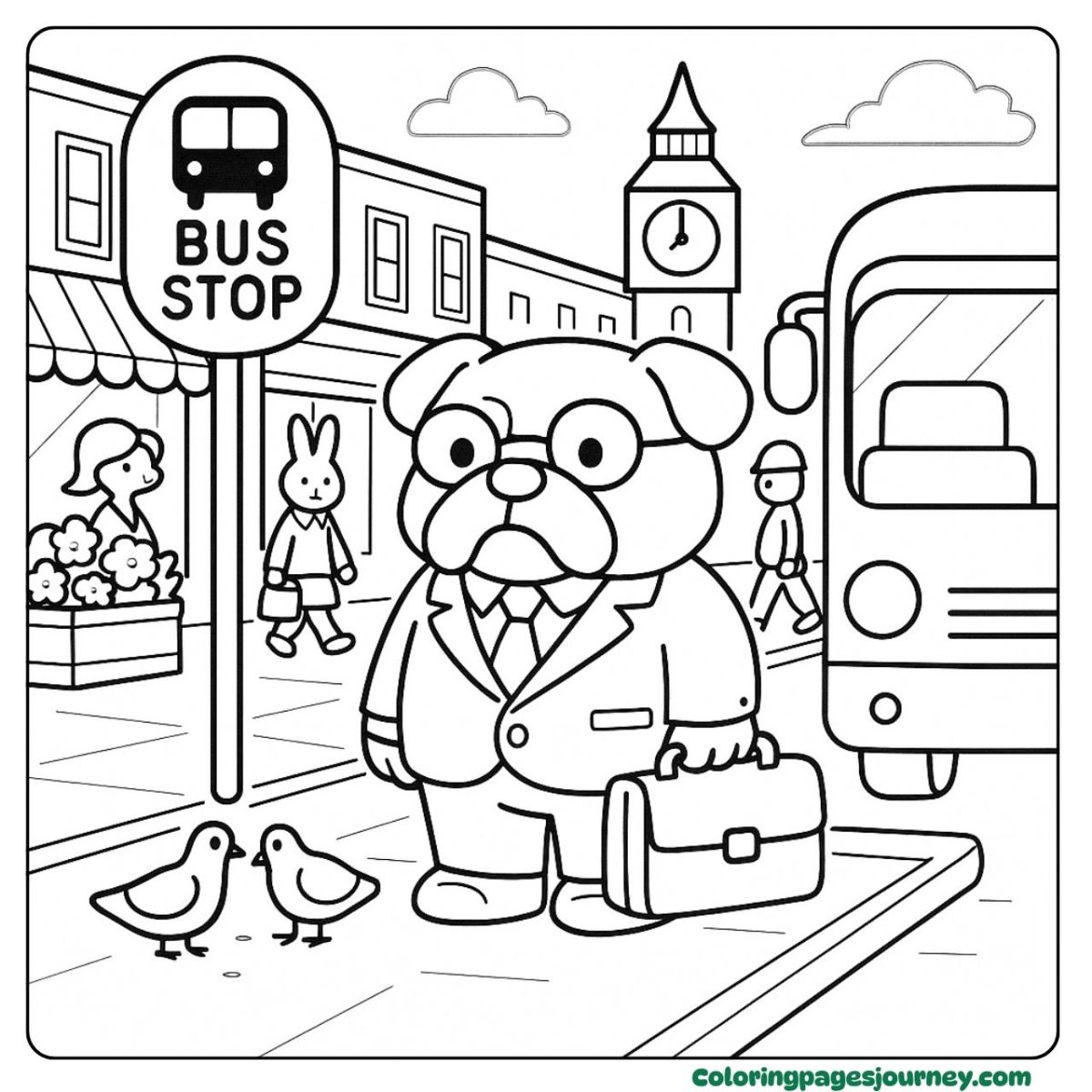 A cute Bulldog coloring page waiting at the bus stop A cute Bulldog coloring page dressed up for a busy day