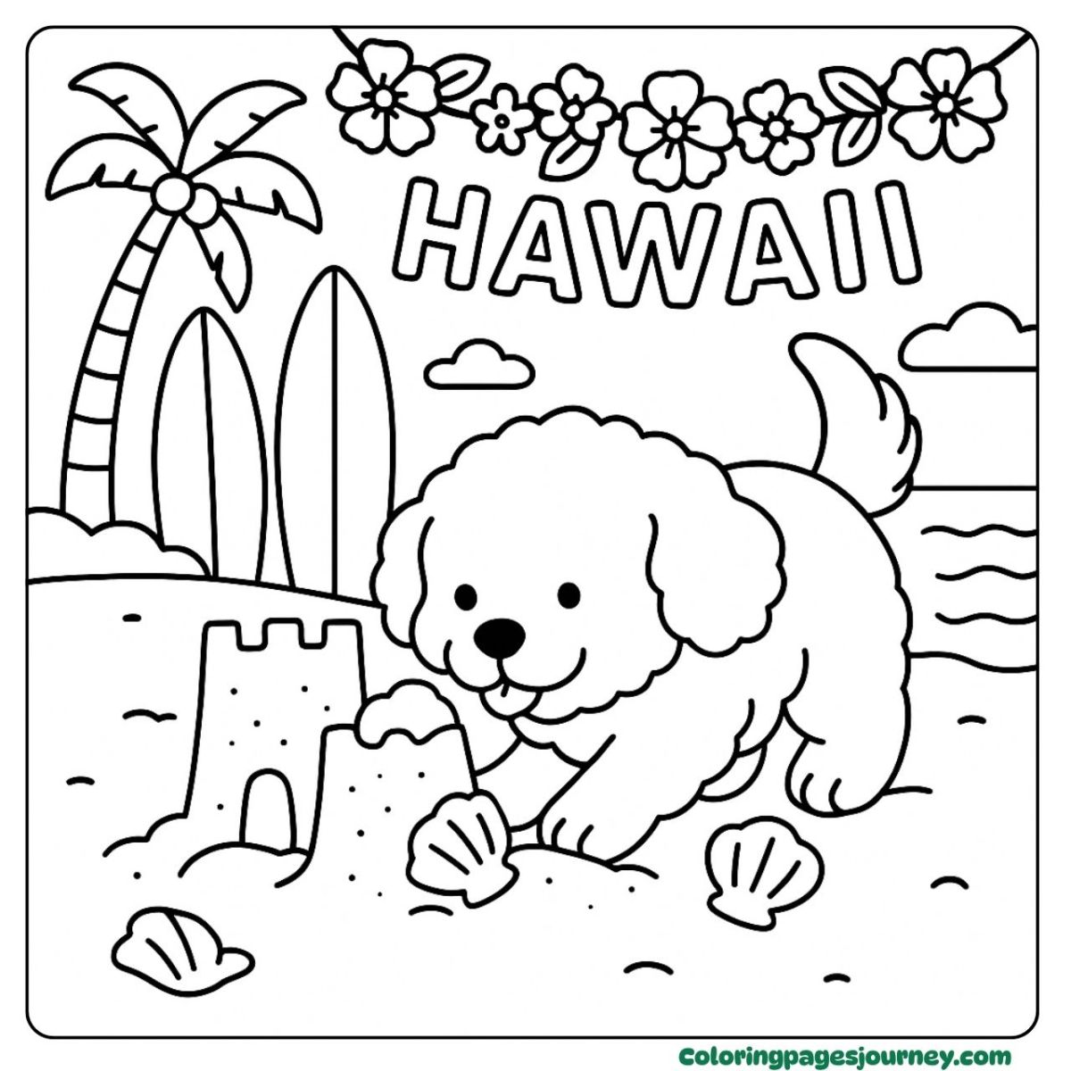 A cute dog coloring page exploring Hawaii beach A cute dog coloring page on a tropical island scene