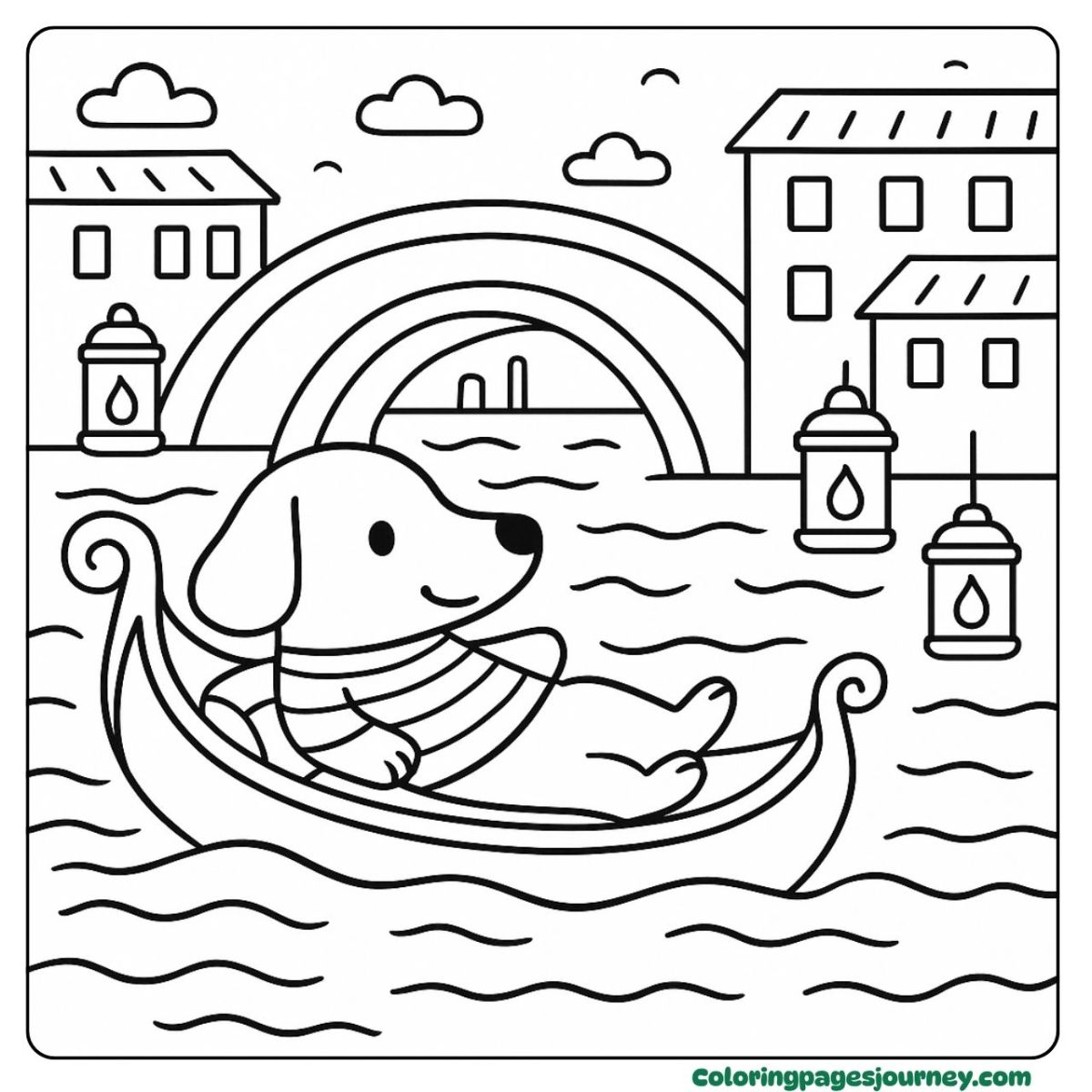 A cute dog coloring page floating in a Venice gondola A cute dog coloring page with a dog in a Venice boat