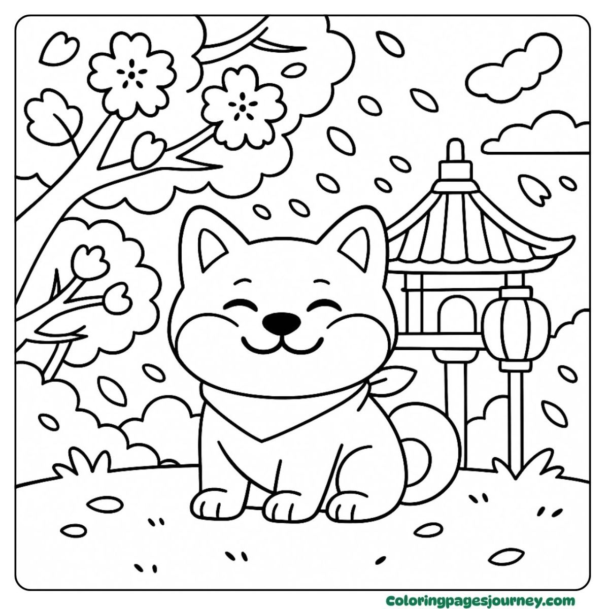 A cute dog coloring page in a cherry blossom park A cute dog coloring page with flowers and spring wind