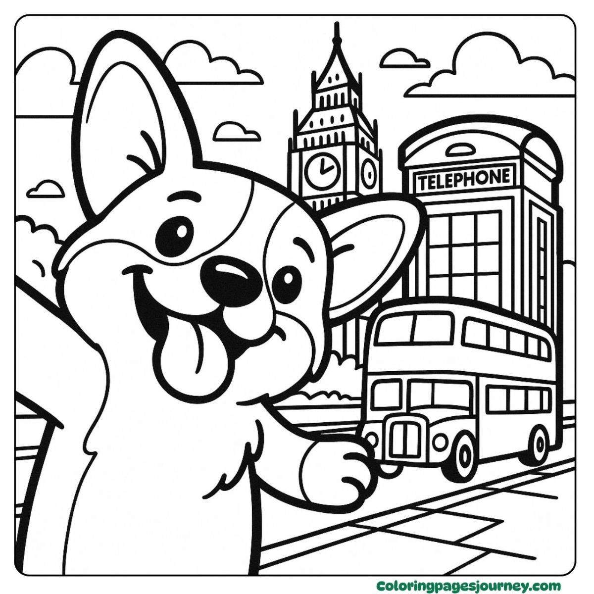A cute dog coloring page in London city adventure A cute dog coloring page near Big Ben and a bus