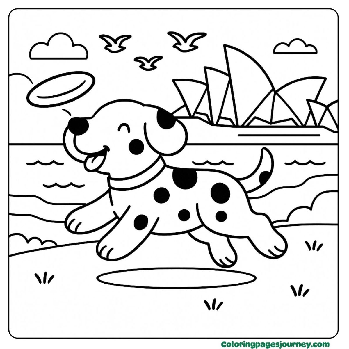 A cute dog coloring page playing by Sydney Opera House A cute dog coloring page with a frisbee and sea
