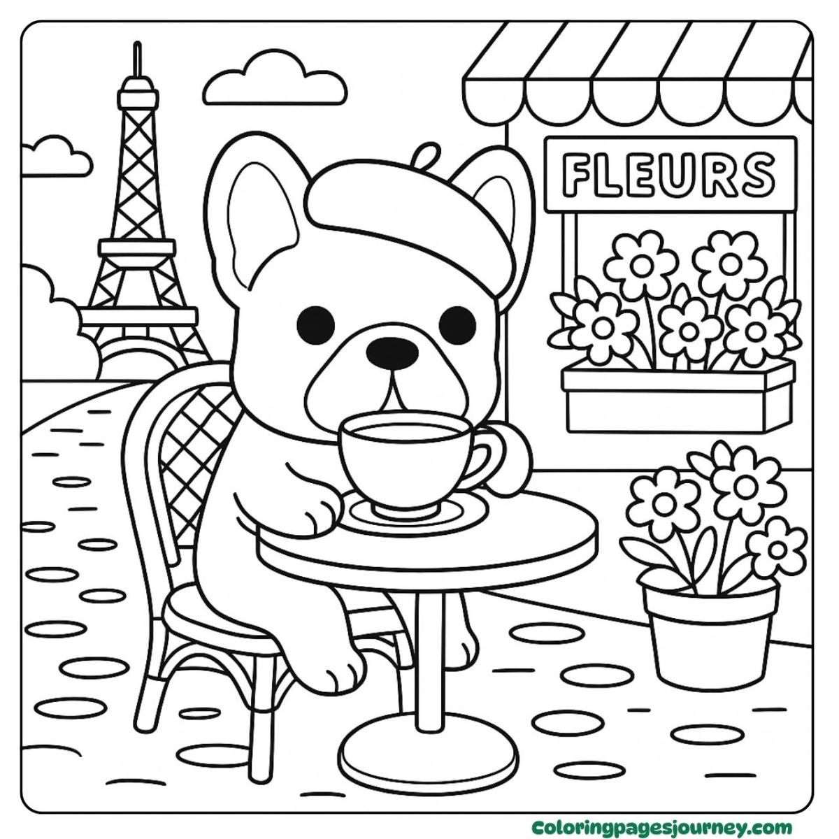 A cute dog coloring page sipping tea in Paris A cute dog coloring page at a Paris street café