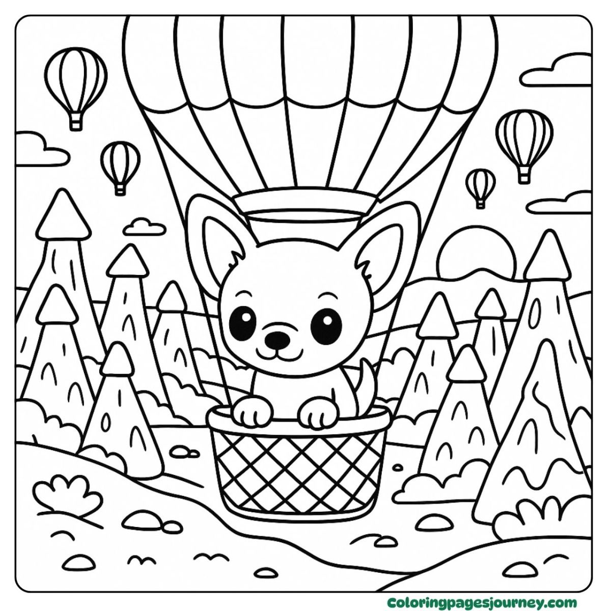 A cute dog coloring page with a hot air balloon ride A cute dog coloring page in a balloon over mountains
