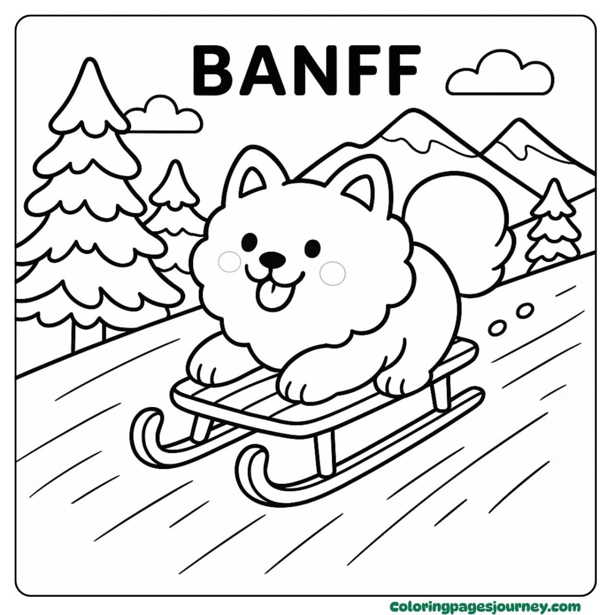 A cute dog coloring page with sledding in Banff A cute dog coloring page of a sled ride in Banff