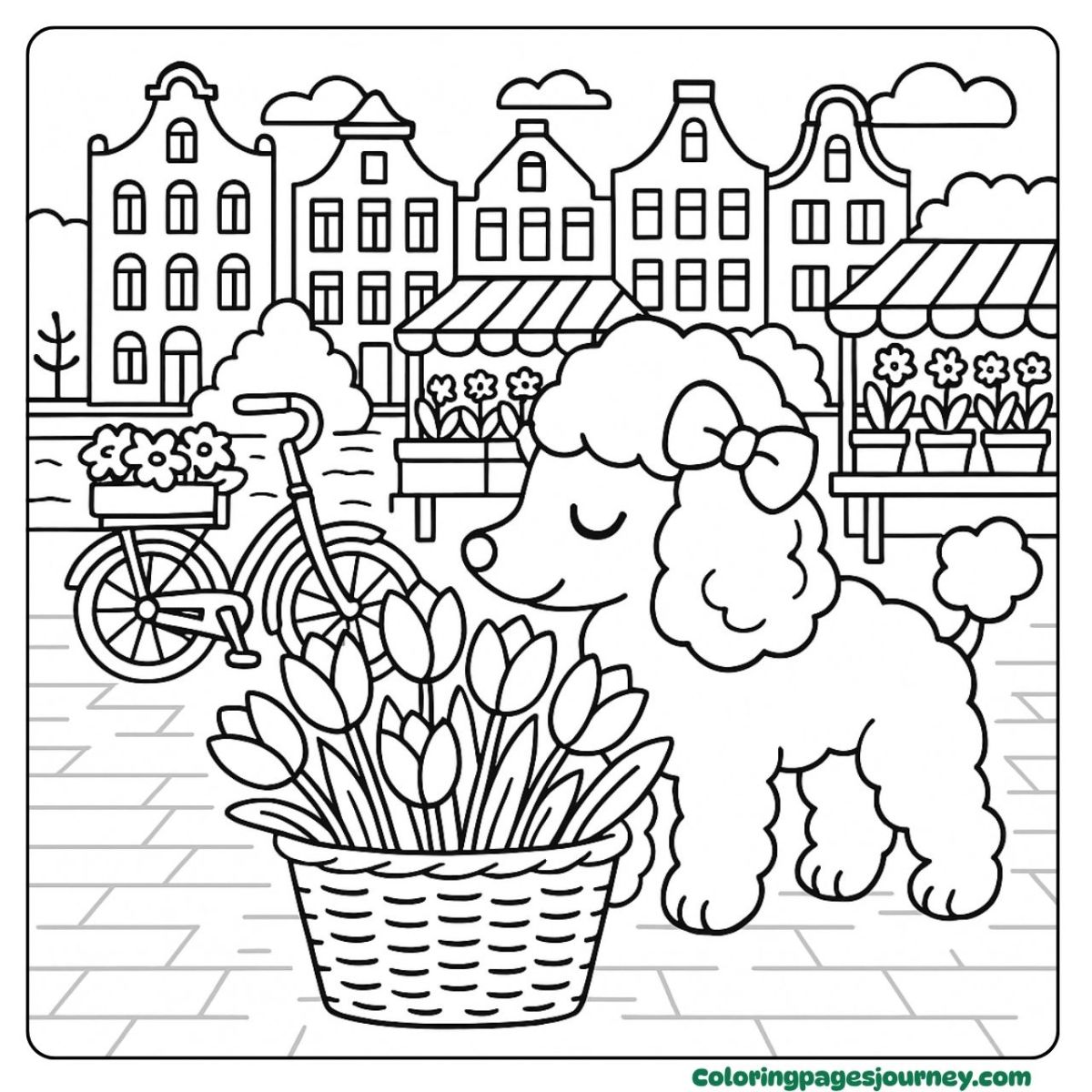 A cute dog coloring page with tulips on the street A cute dog coloring page at a flower market stroll