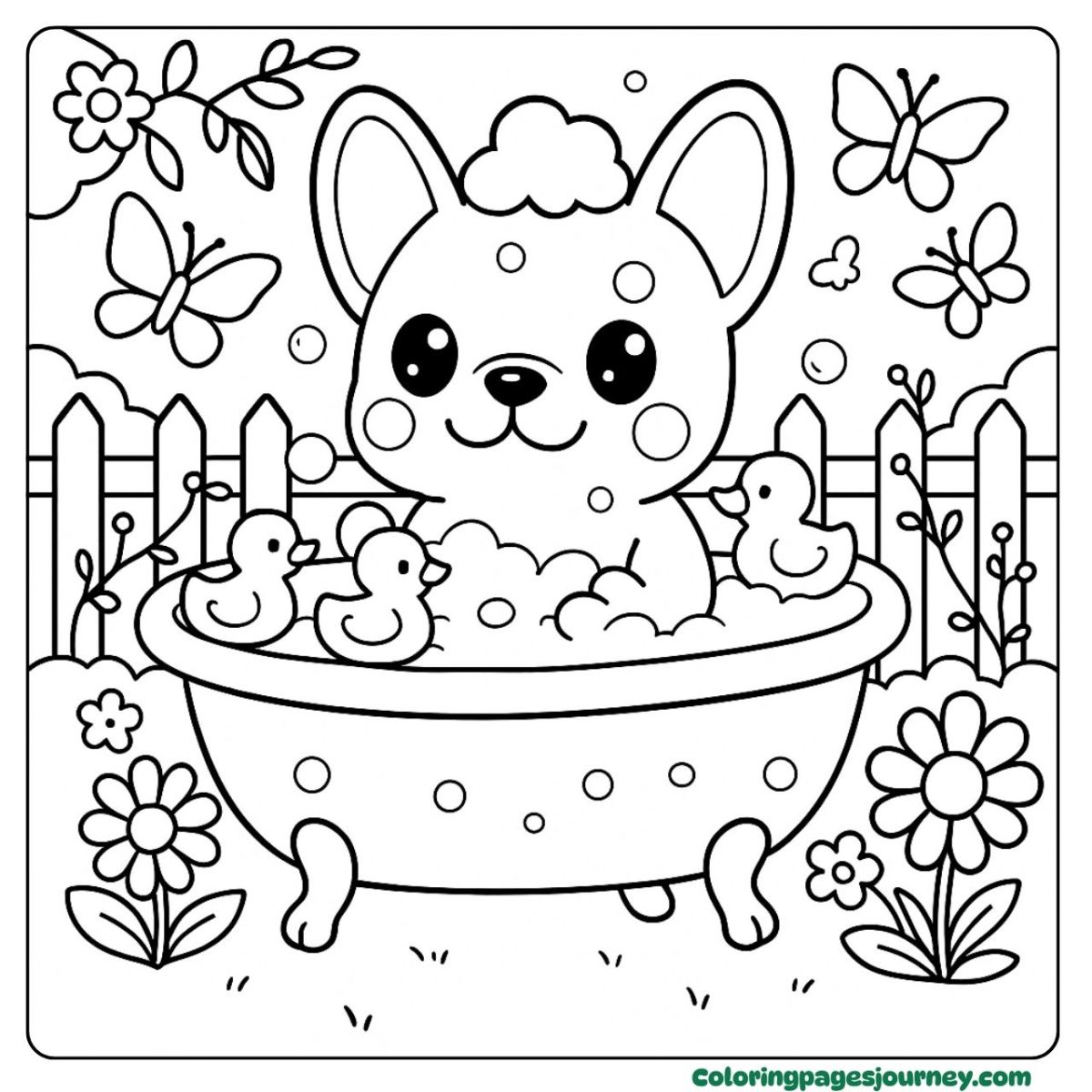 A cute French Bulldog coloring page enjoying bubble bath A cute French Bulldog coloring page in tub with duck toys