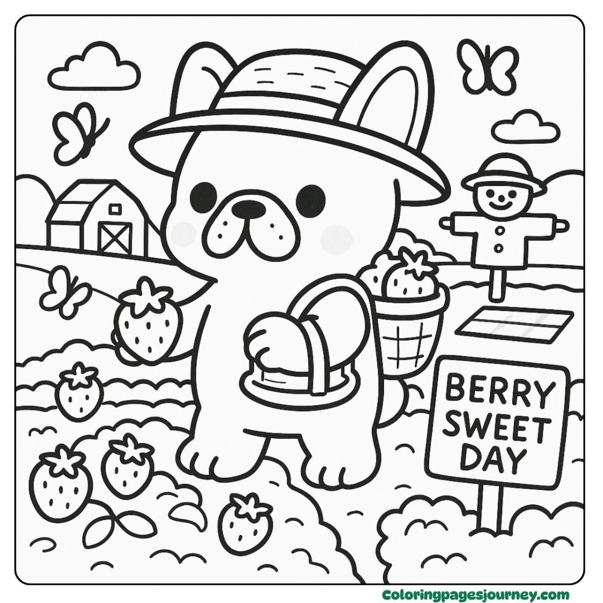 A cute French Bulldog coloring page picking strawberries A cute French Bulldog coloring page on a berry farm day