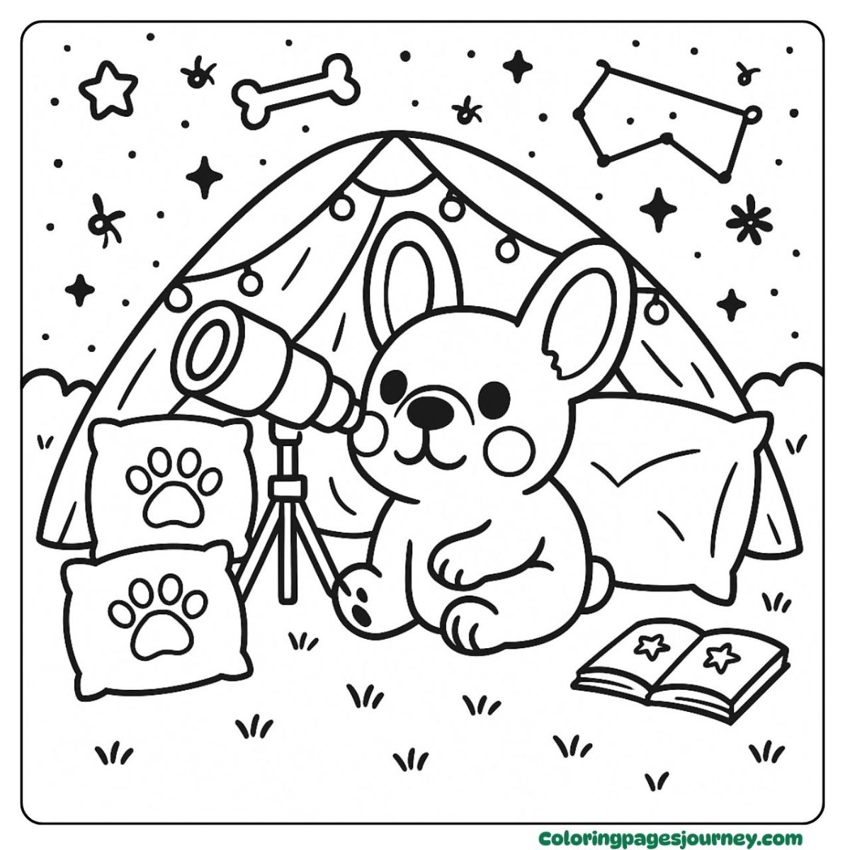 A cute French Bulldog coloring page with a telescope A cute French Bulldog coloring page stargazing by tent