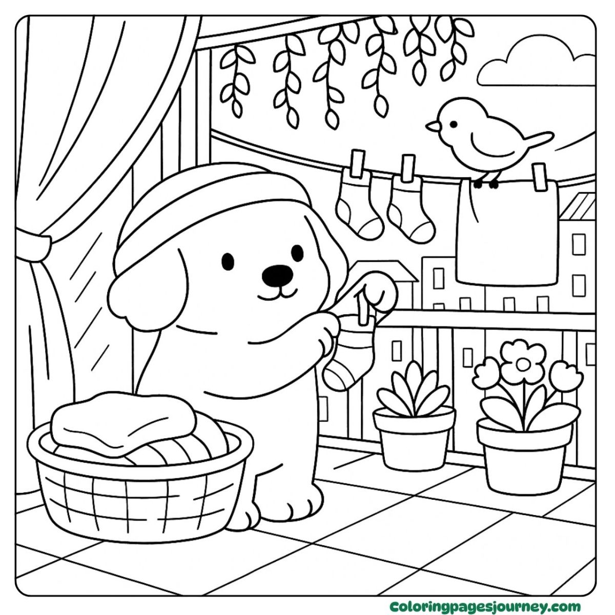 A cute Golden Retriever coloring page hanging socks outside A cute Golden Retriever coloring page with balcony laundry