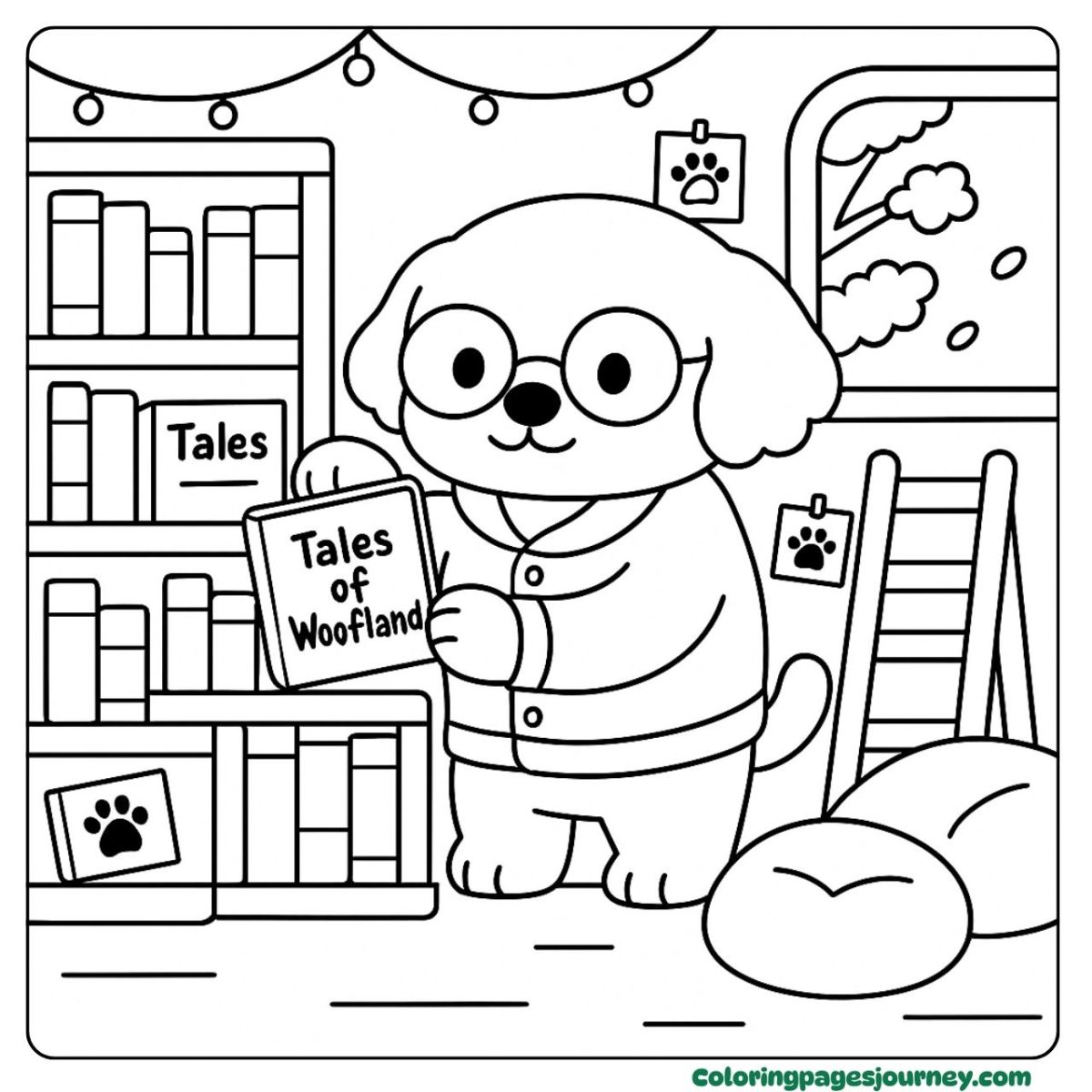 A cute Golden Retriever coloring page in cozy library time A cute Golden Retriever coloring page holding a storybook