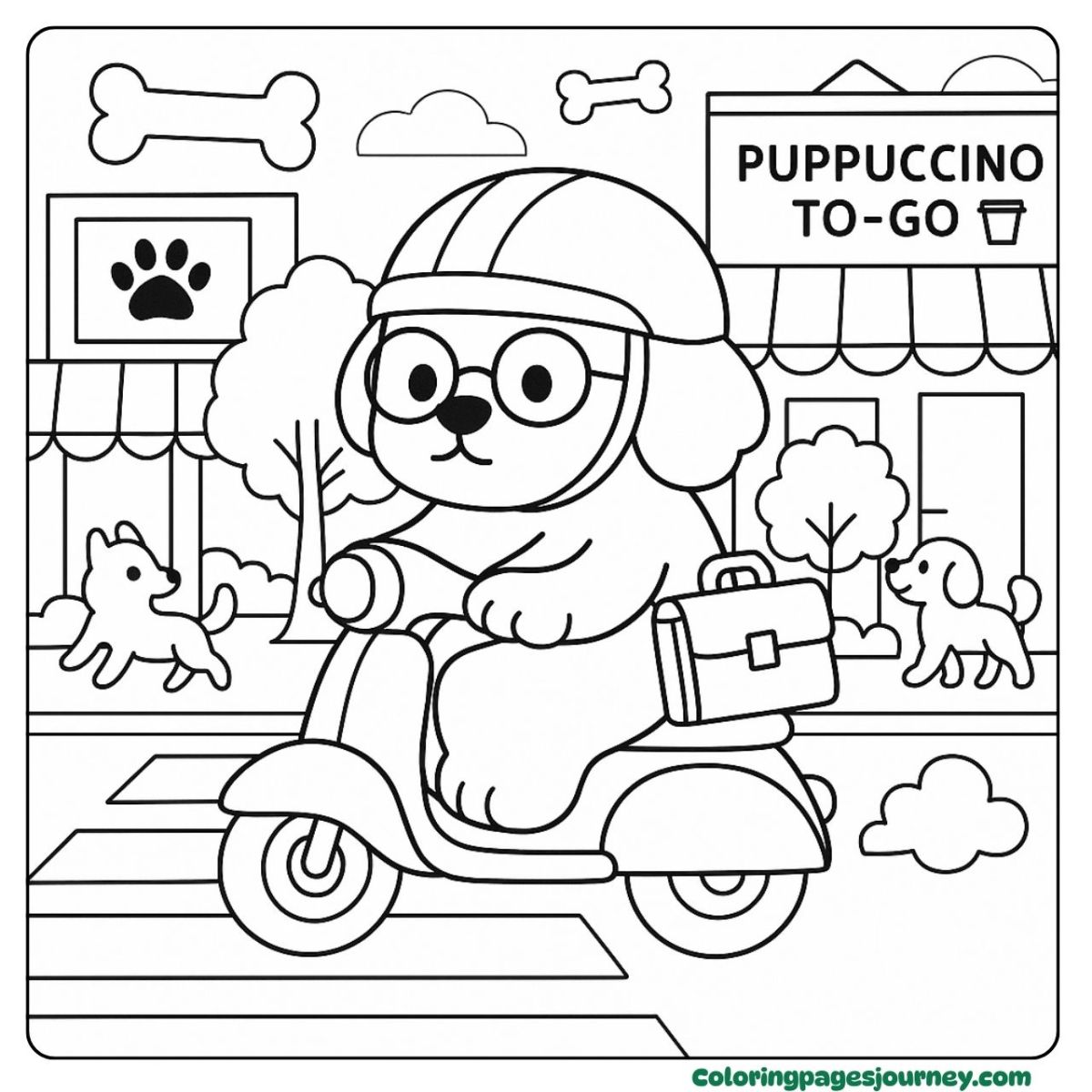 A cute Golden Retriever coloring page riding a city scooter A cute Golden Retriever coloring page with helmet and bag