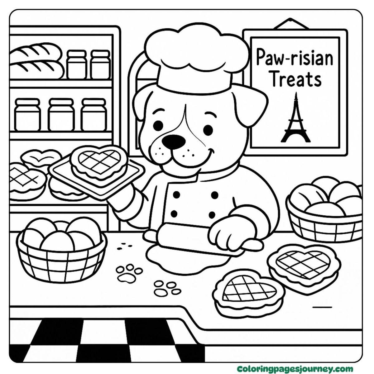 A cute Pitbull coloring page baking heart treats in Paris A cute Pitbull coloring page at a pastry shop in Paris