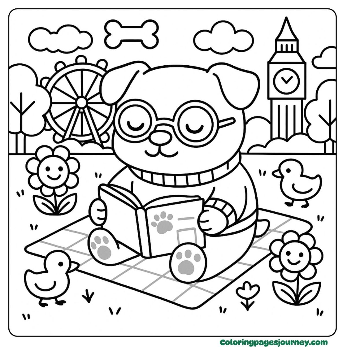 A cute Pitbull coloring page relaxing with a book in the park A cute Pitbull coloring page with park reading scene
