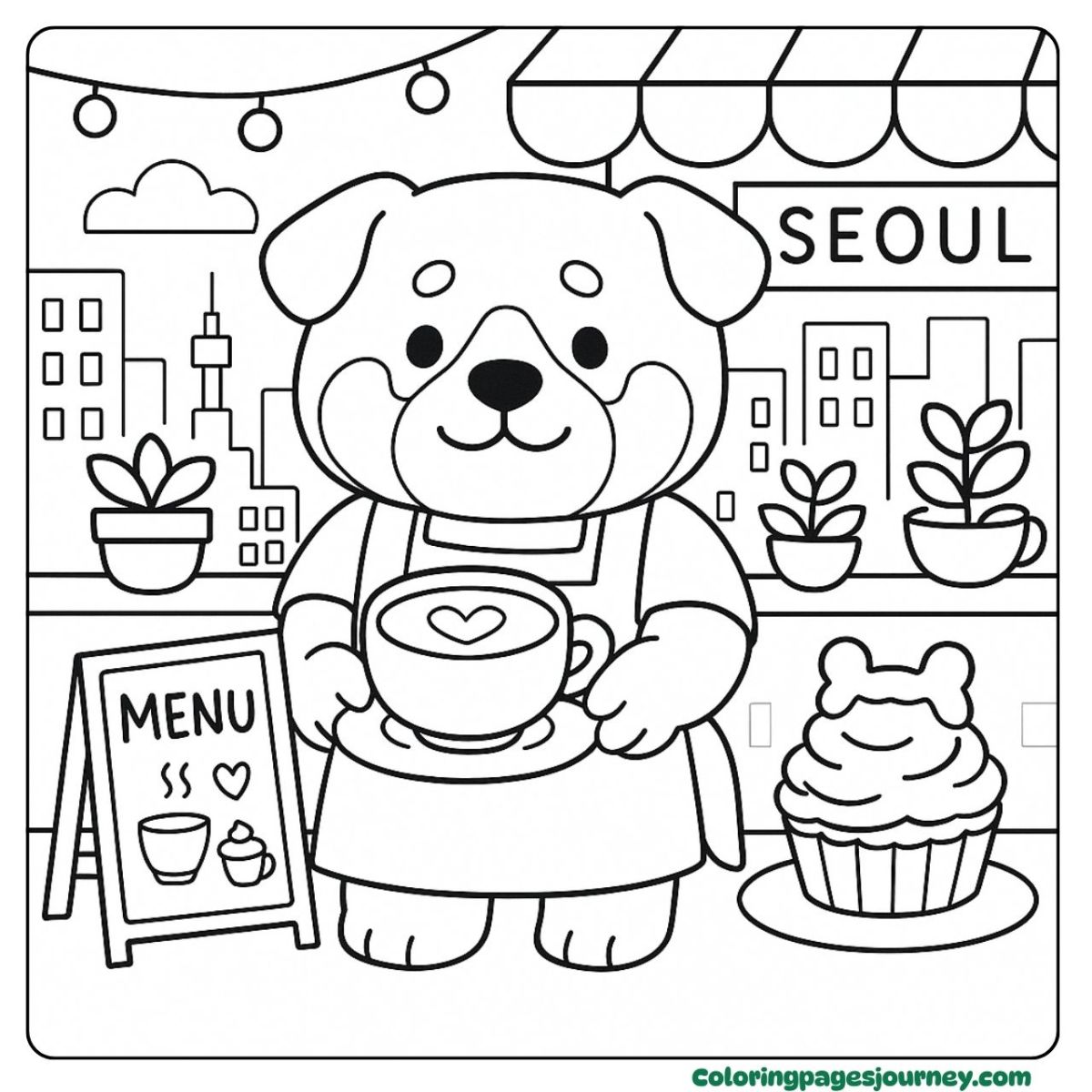 A cute Pitbull coloring page serving coffee in Seoul A cute Pitbull coloring page with a Seoul café scene