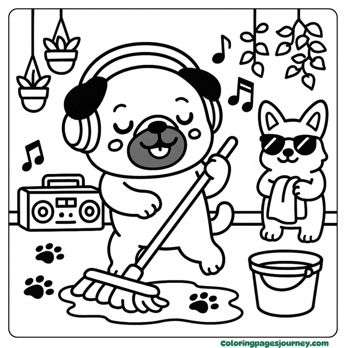 A cute pug coloring page dancing while cleaning the floor A cute pug coloring page with music and mopping fun