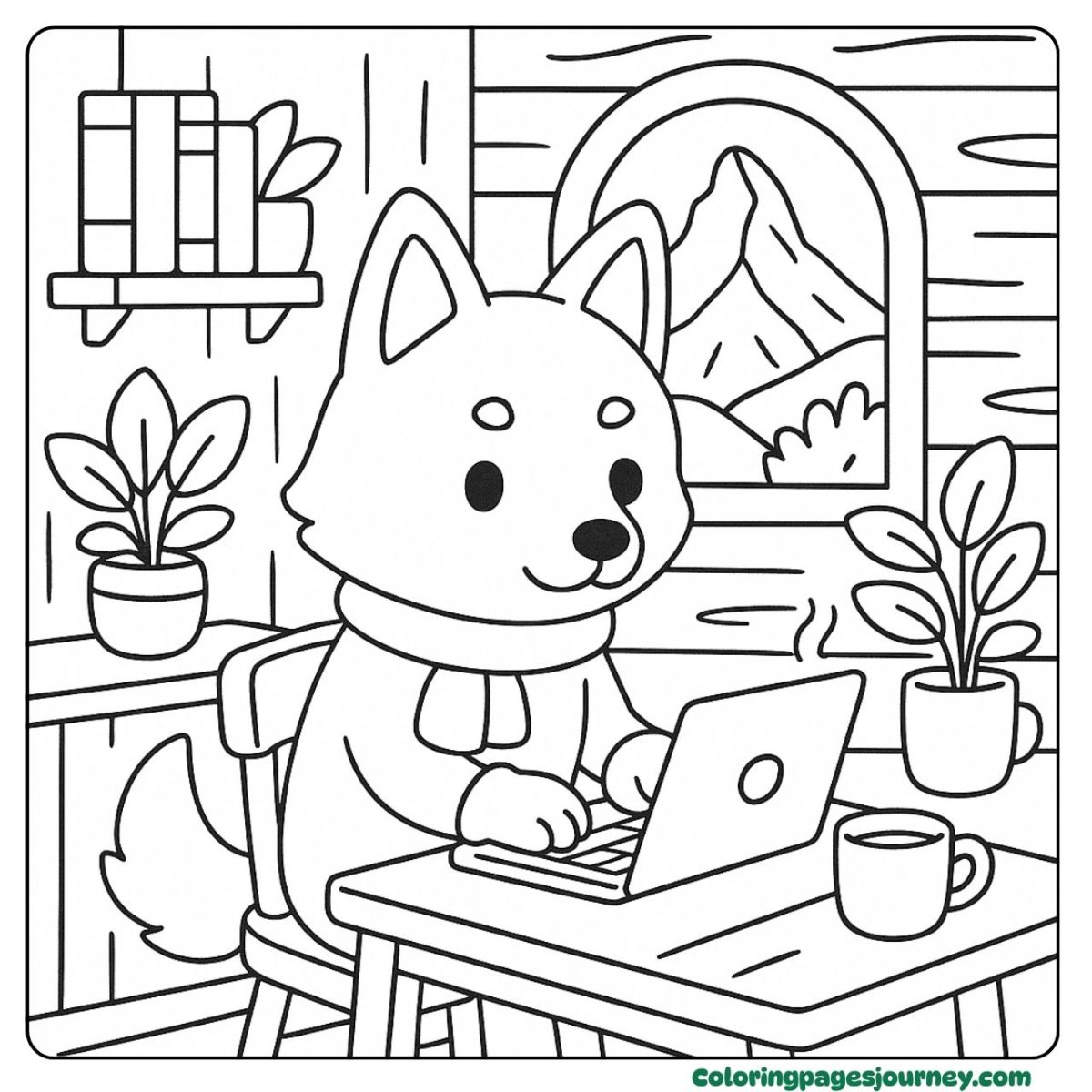 A Dingo coloring page with a Dingo typing on laptop A Dingo coloring page in a cozy cabin workspace