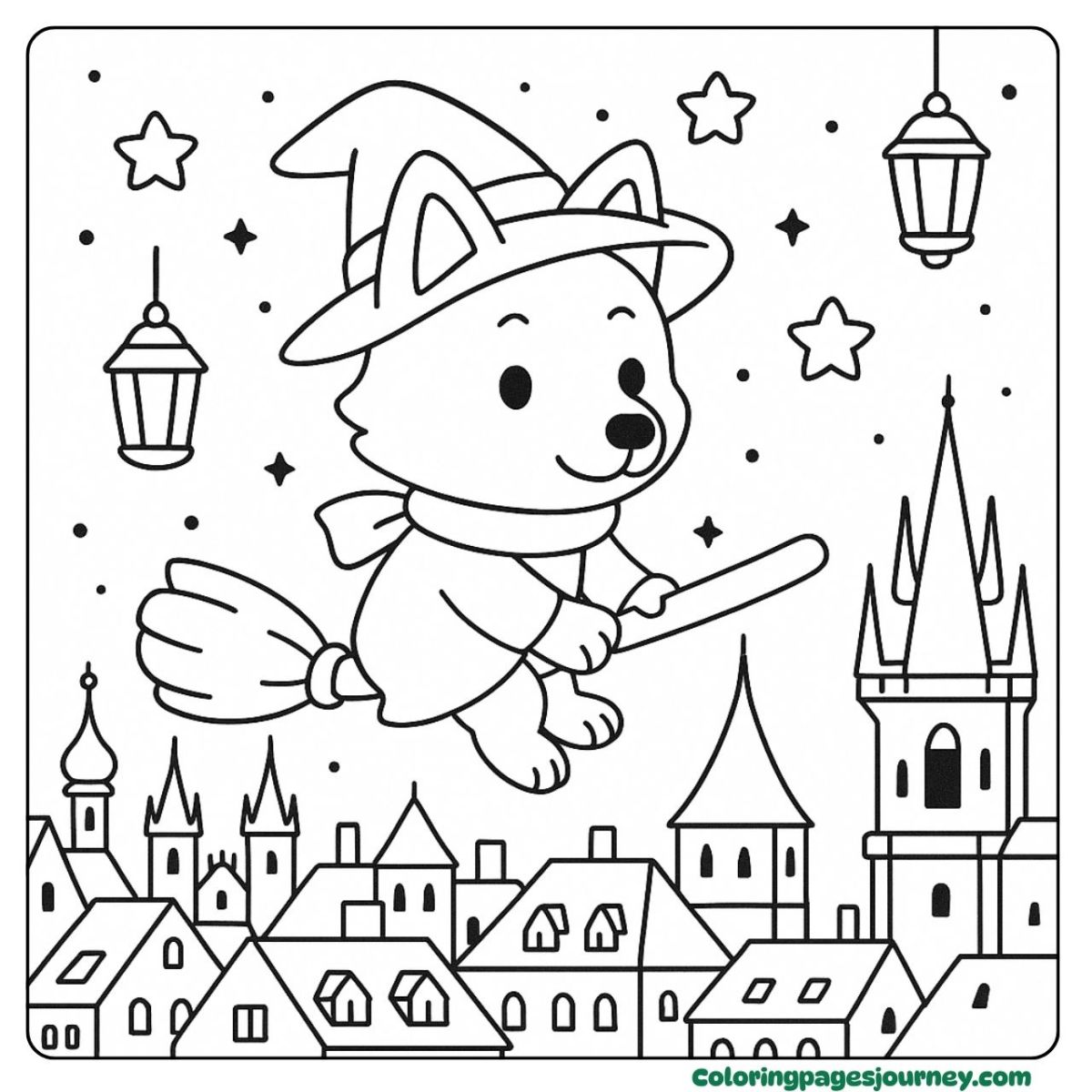 A Dingo coloring page with a magical night broom ride A Dingo coloring page flying above rooftops at night