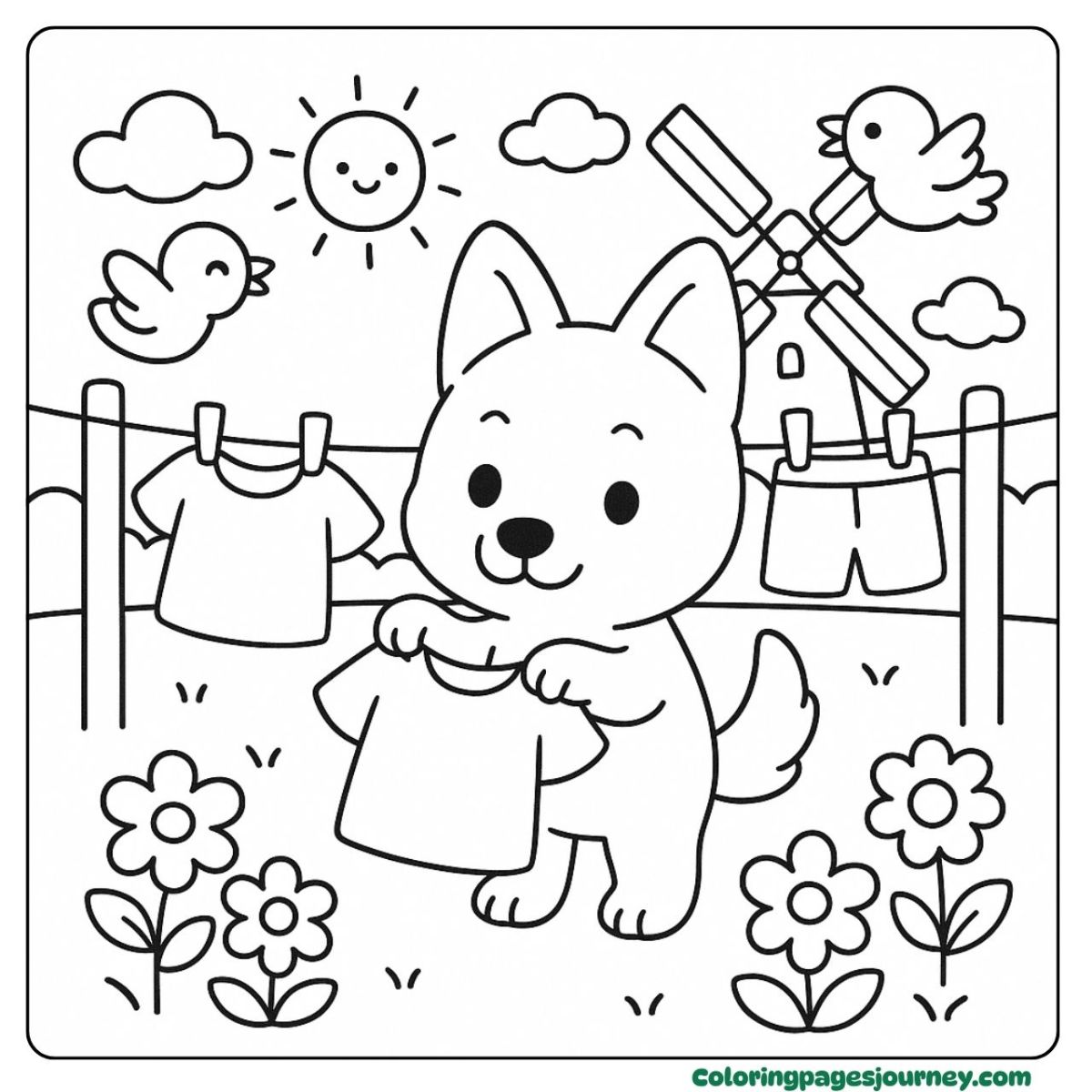 A Dingo coloring page with sunny backyard laundry fun A Dingo coloring page with clothes drying outdoors