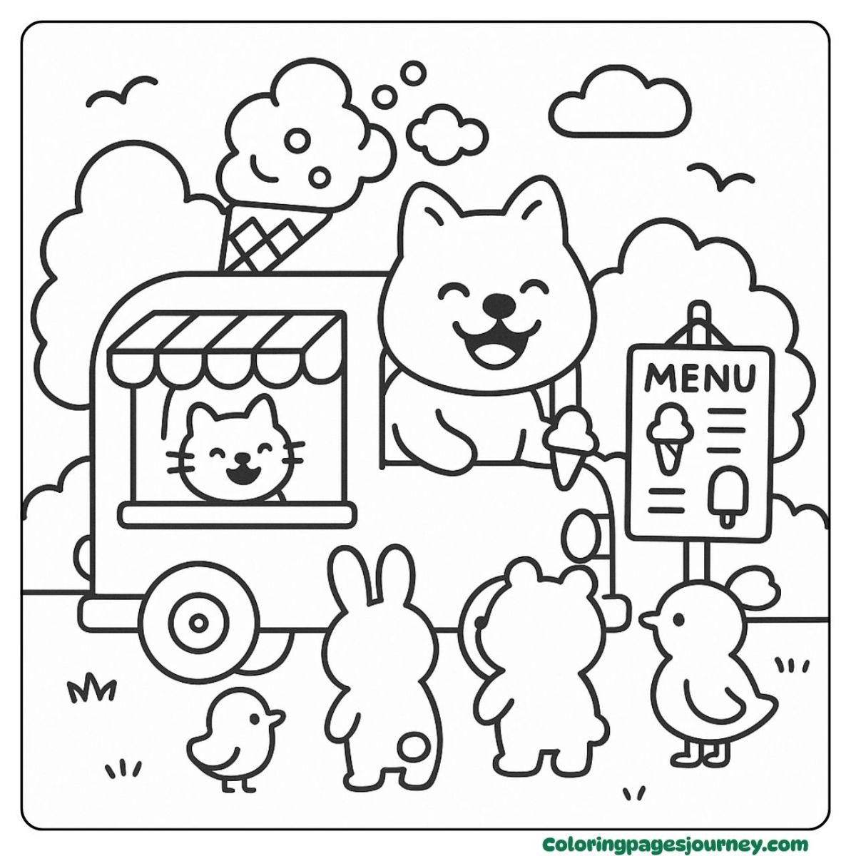 A dog coloring page at the ice cream truck A dog coloring page where animals line up for ice cream