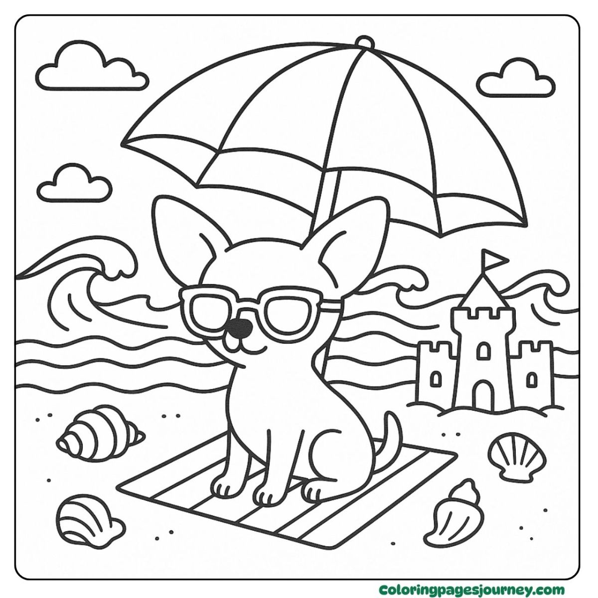A dog coloring page enjoying the summer beach A dog coloring page with a dog relaxing at the beach