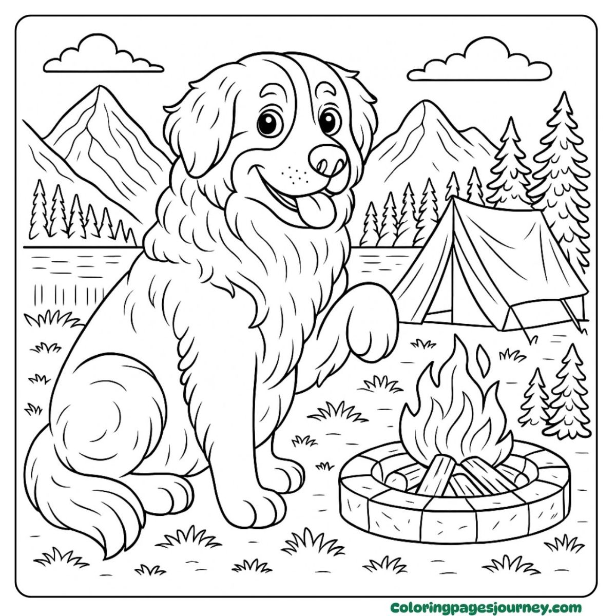 A dog coloring page for adults enjoying camping life A dog coloring page for adults beside a campfire