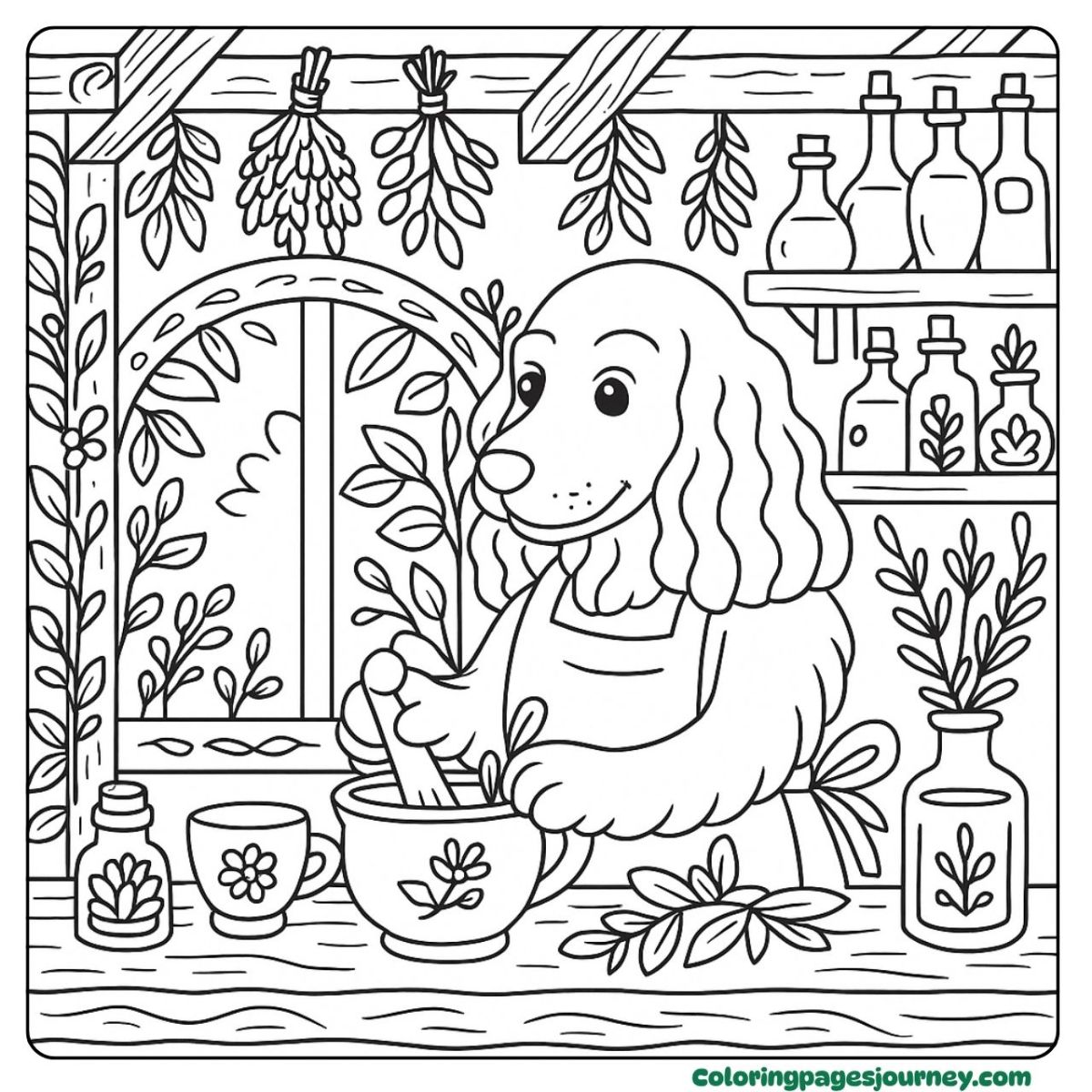 A dog coloring page for adults making herbal potions A dog coloring page for adults in cozy apothecary