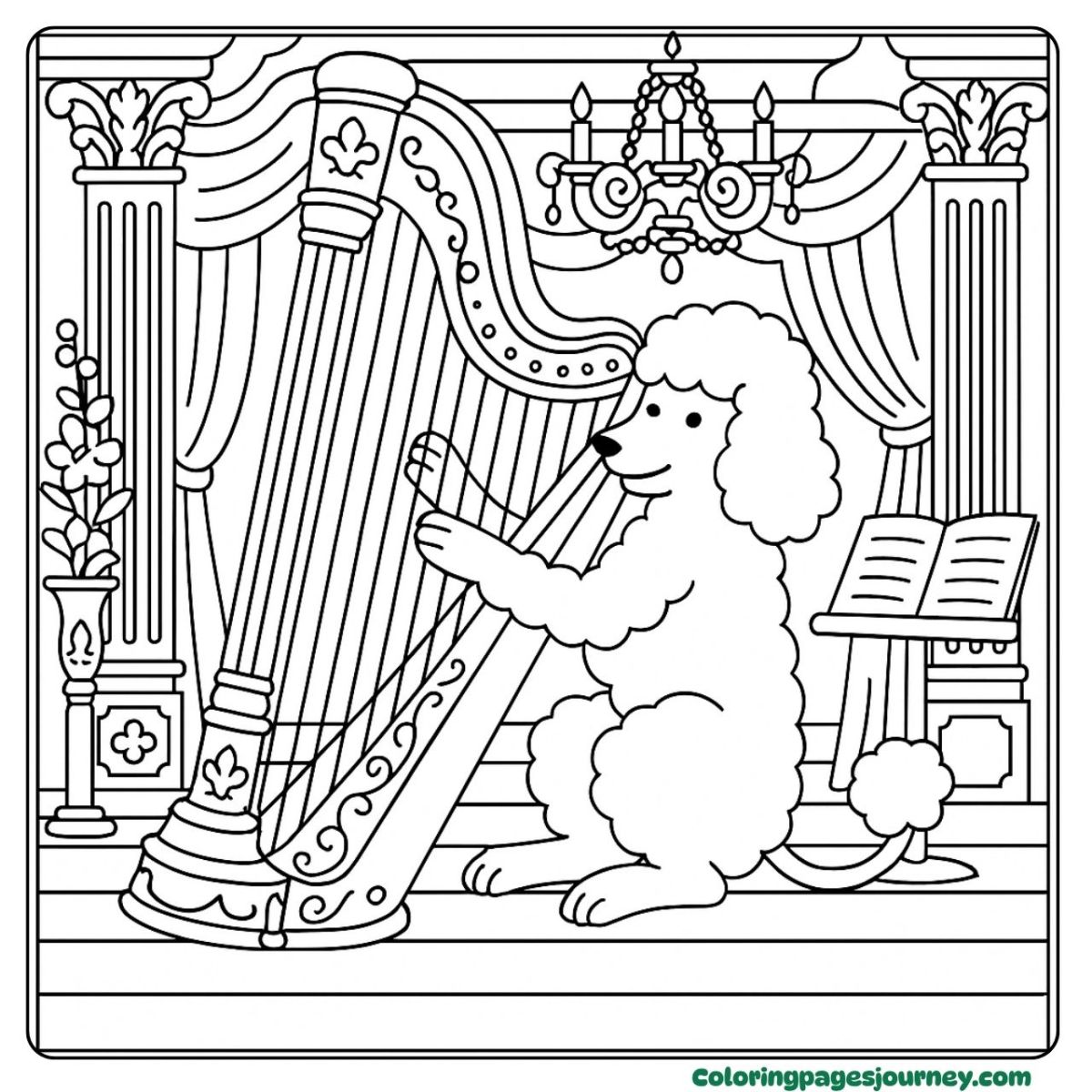 A dog coloring page for adults playing harp in grand hall A dog coloring page for adults with a harp on stage