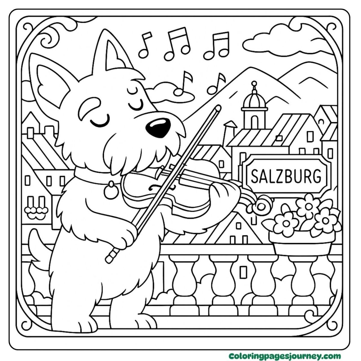 A dog coloring page for adults playing violin in Salzburg A dog coloring page for adults in Salzburg with violin