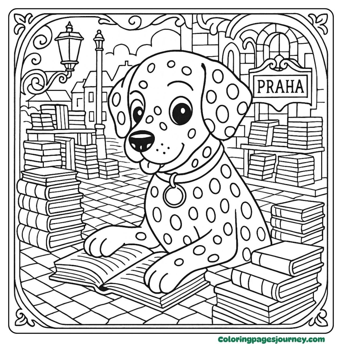 A dog coloring page for adults relaxing with books A dog coloring page for adults with many books