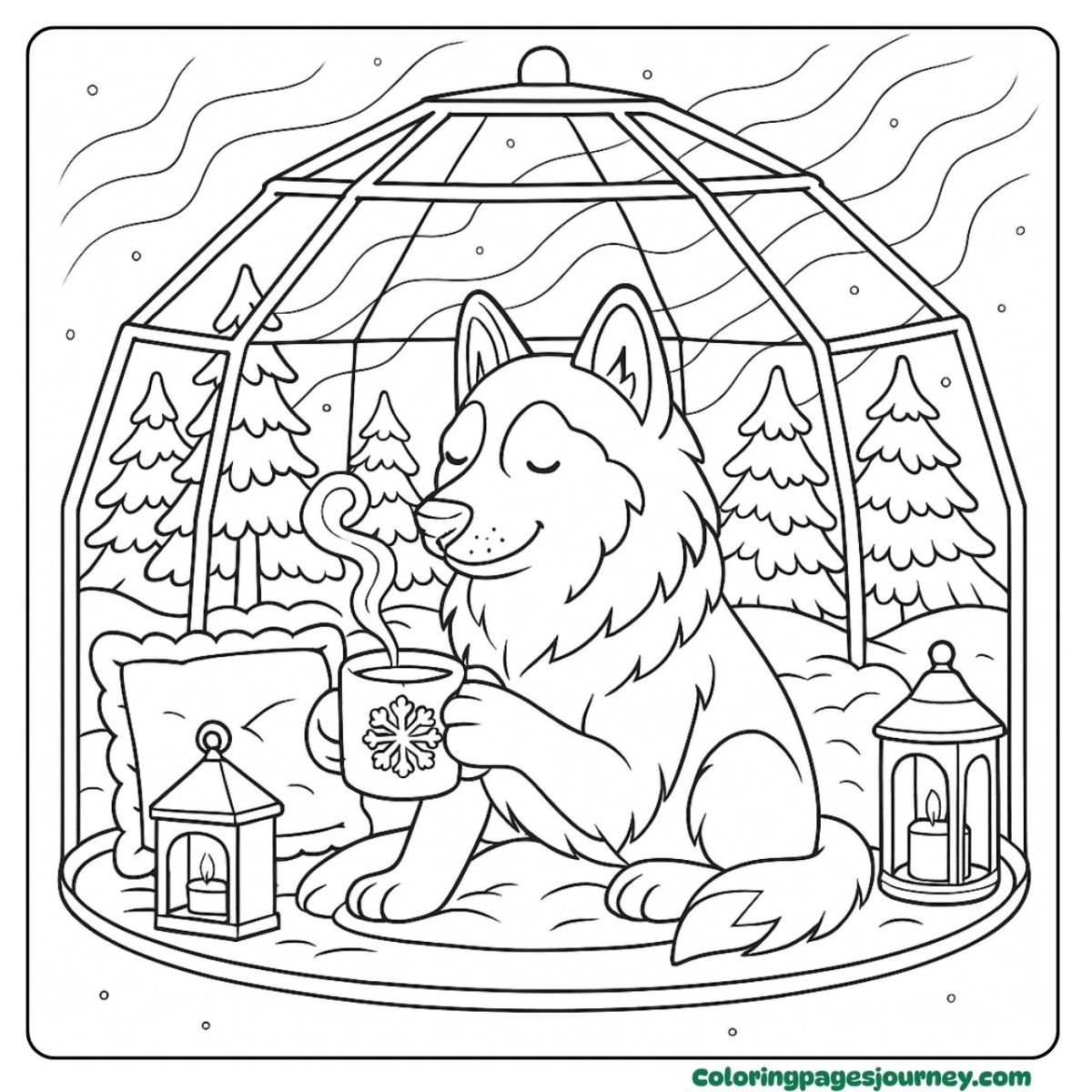 A dog coloring page for adults sipping cocoa in winter dome A dog coloring page for adults with hot cocoa in dome