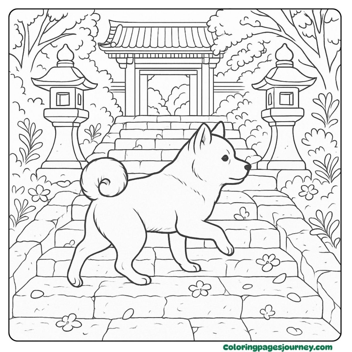 A dog coloring page for adults walking temple steps A dog coloring page for adults on temple stone stairs