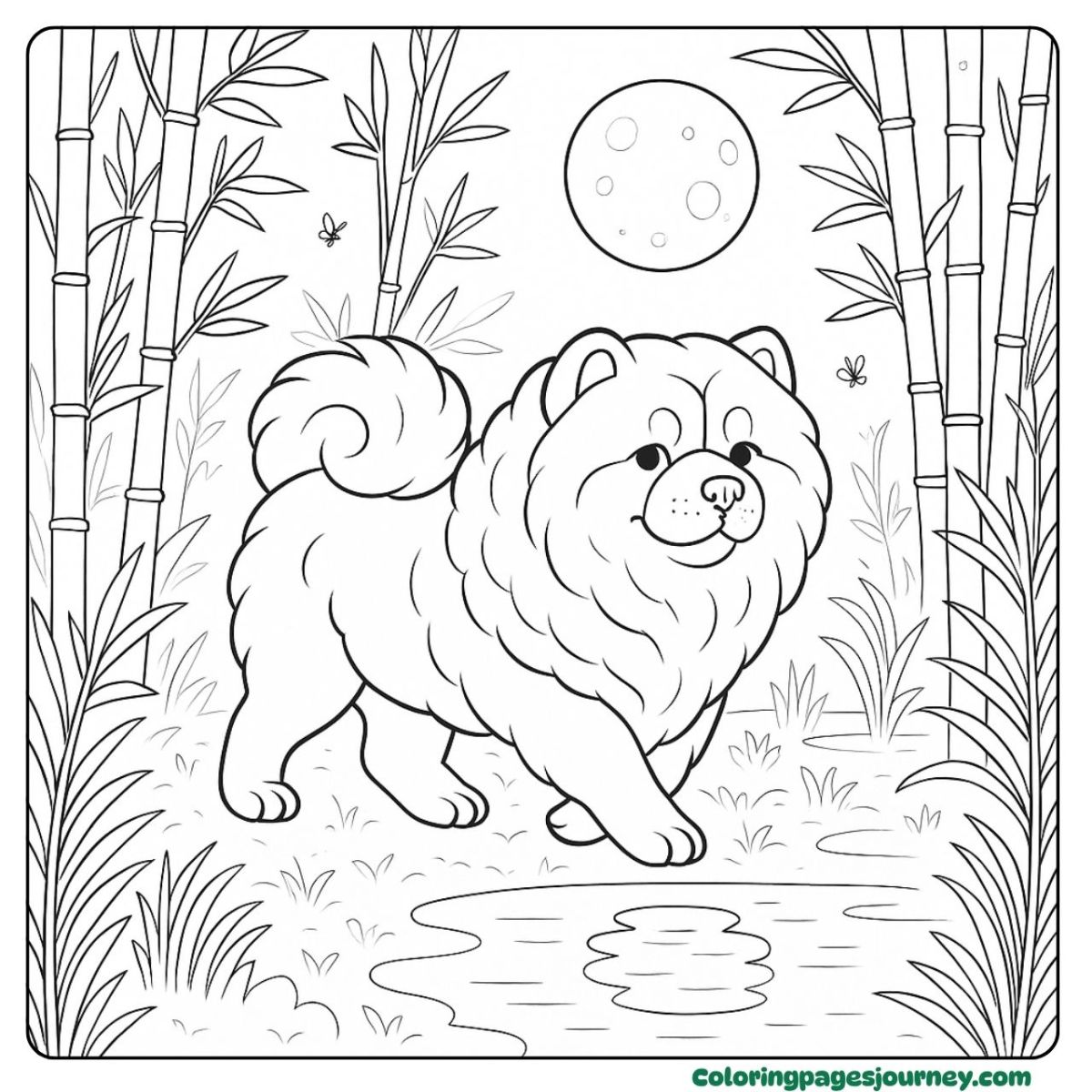 A dog coloring page for adults walking under the moonlight A dog coloring page for adults in a bamboo forest