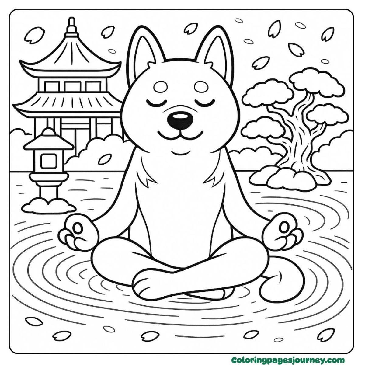 A dog coloring page for adults with calm meditation A dog coloring page for adults meditating in garden