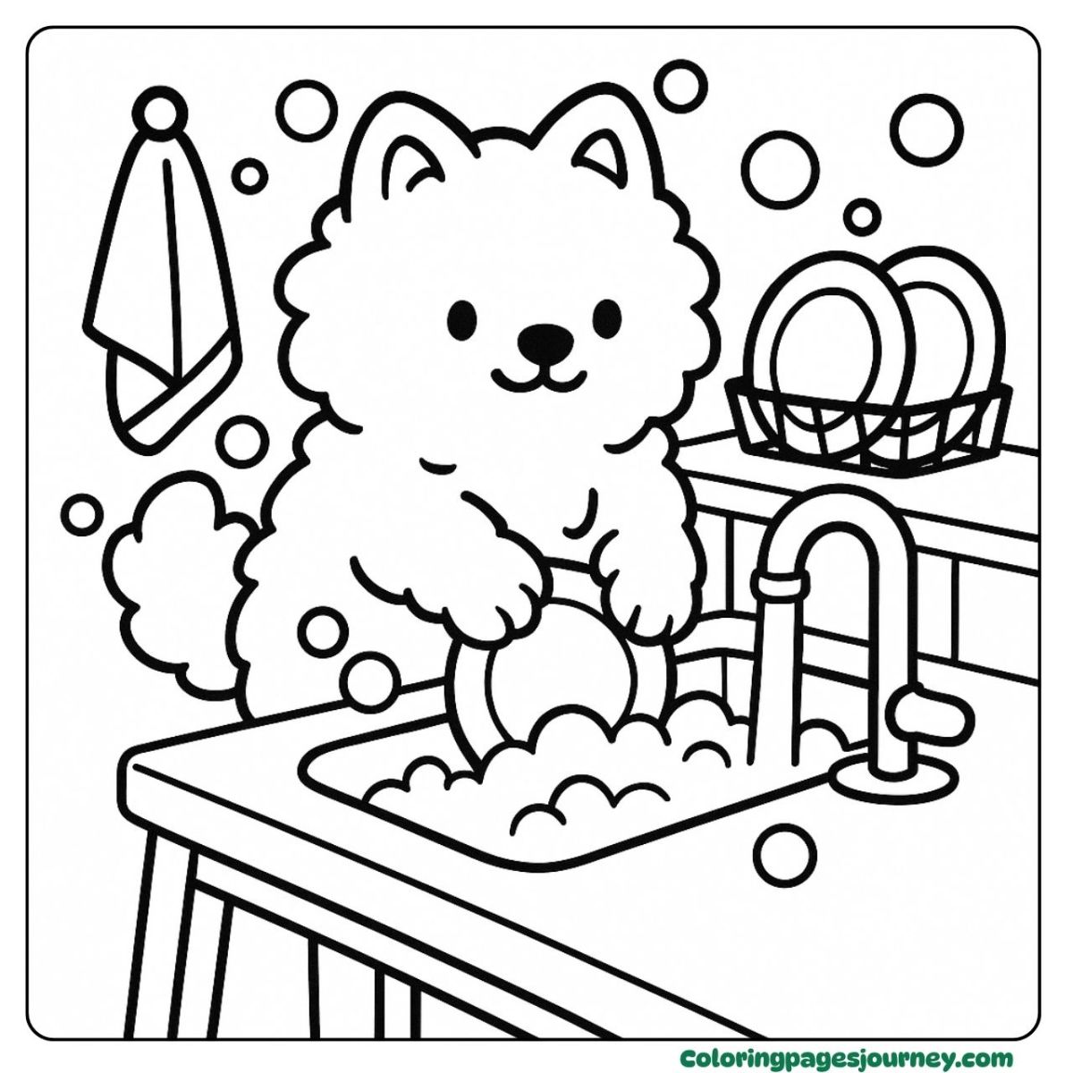 A dog coloring page for kids doing the dishes A dog coloring page for kids washing plates