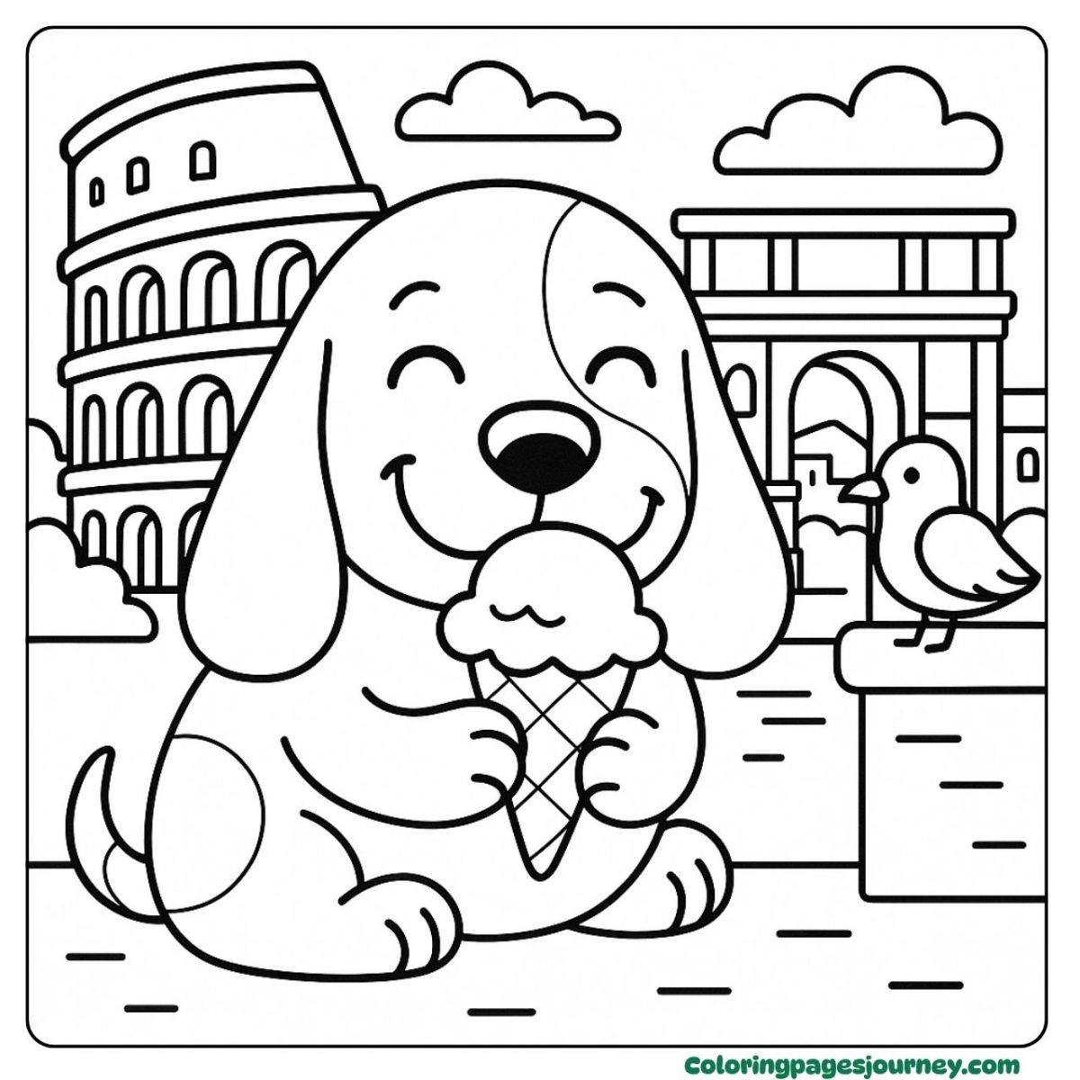 A dog coloring page for kids enjoying ice cream A dog coloring page for kids in Rome city