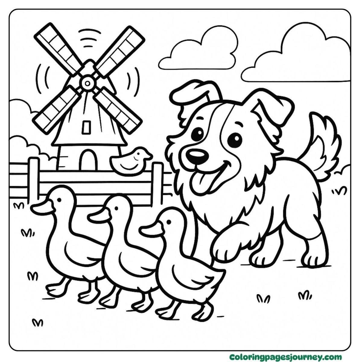 A dog coloring page for kids herding ducks A dog coloring page for kids on a duck farm