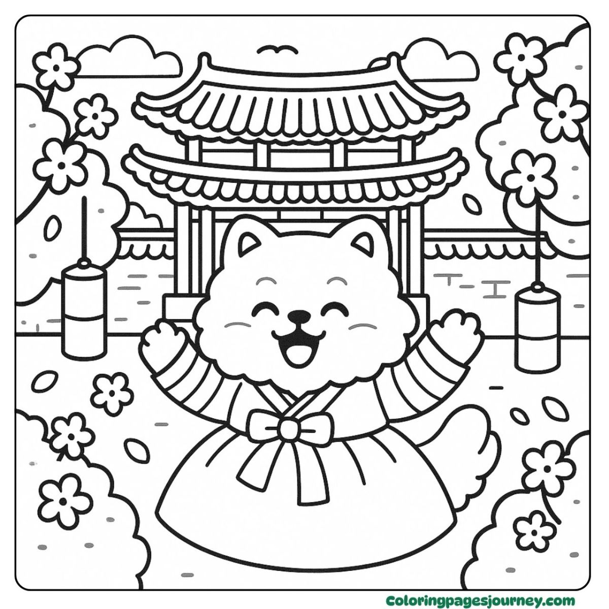 A dog coloring page for kids in traditional dress A dog coloring page for kids with a cultural outfit
