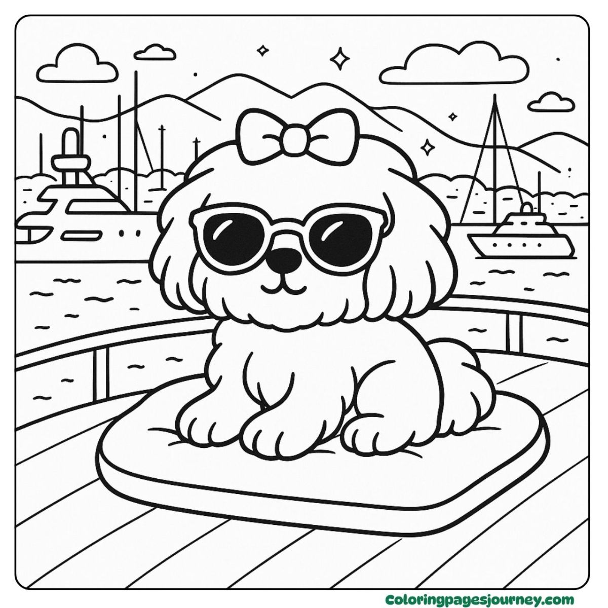 A dog coloring page for kids relaxing on a yacht A dog coloring page for kids enjoying sea views